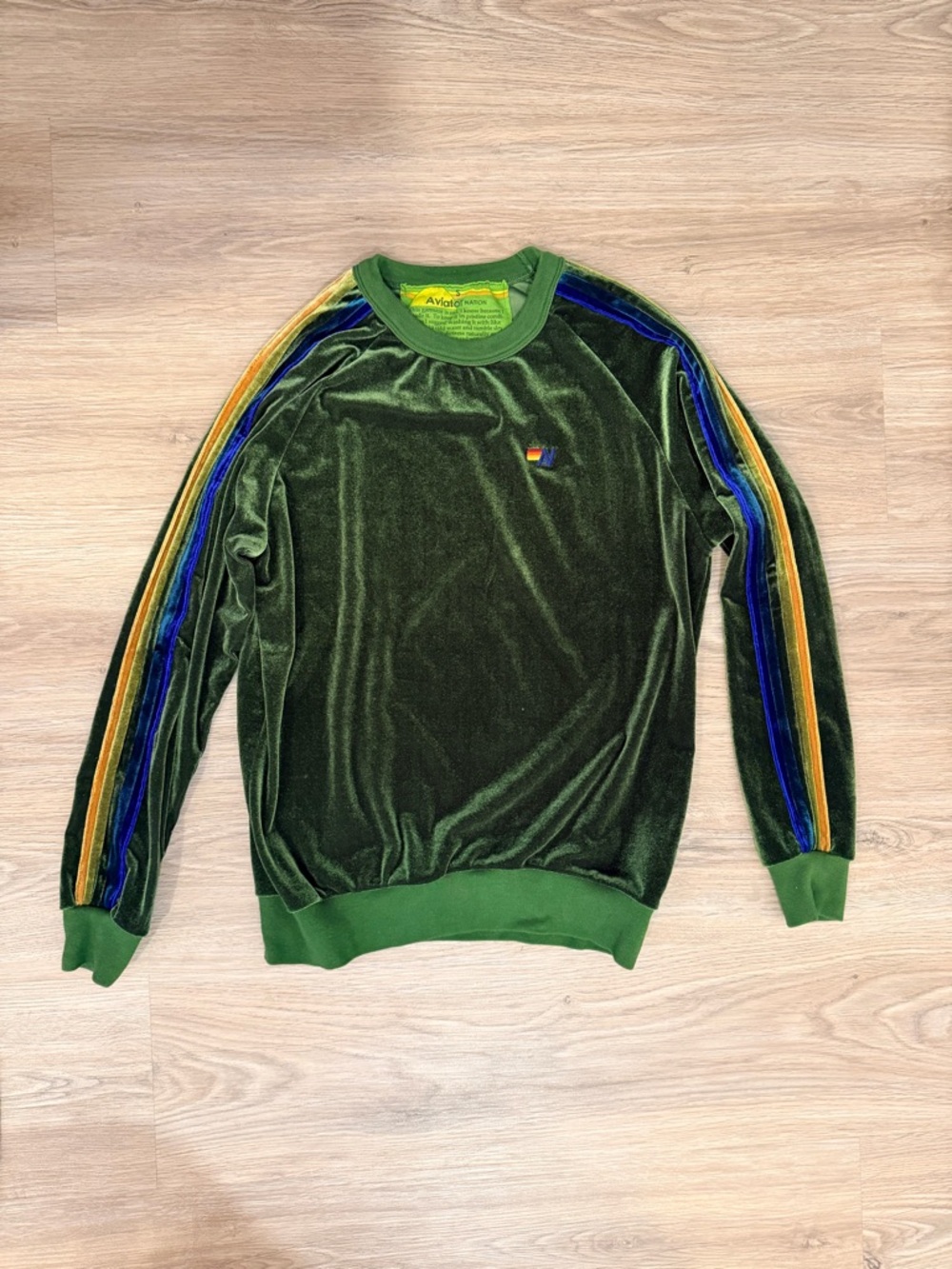 Aviator Nation Olive Green Velvet Crewneck with Blue and Gold Sleeve Stripes